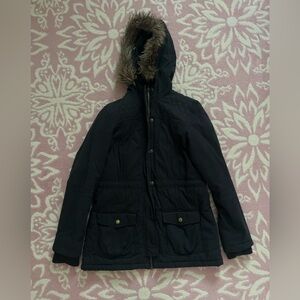 Women’s Black Hooded Coat with Faux Fur Trim